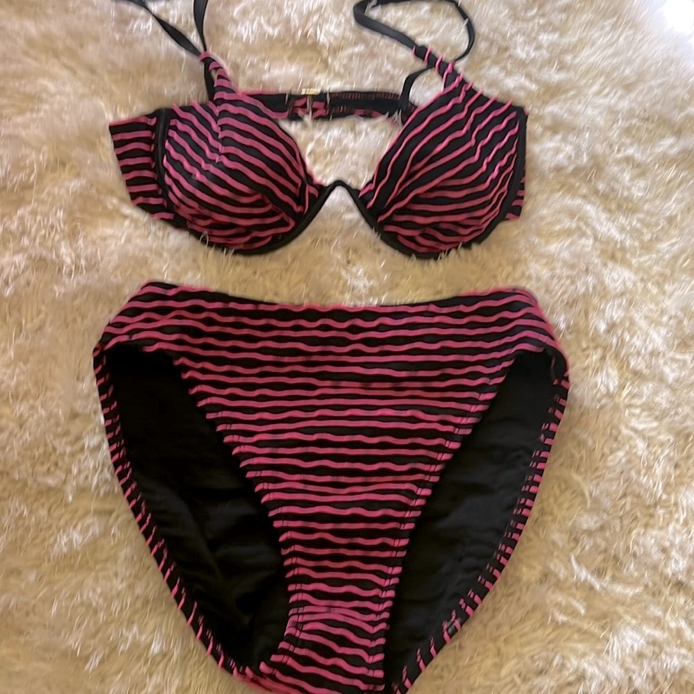 Sessa black bikini with pink textured stripes sz10